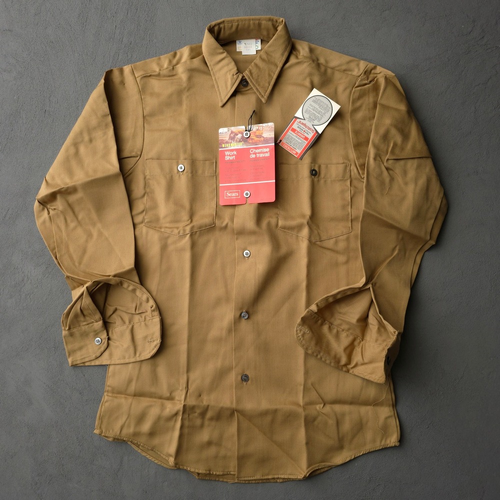 Vintage 1980s Sears Wearmaster Tan Work Shirt 14.5 Deadstock Perma-Prest